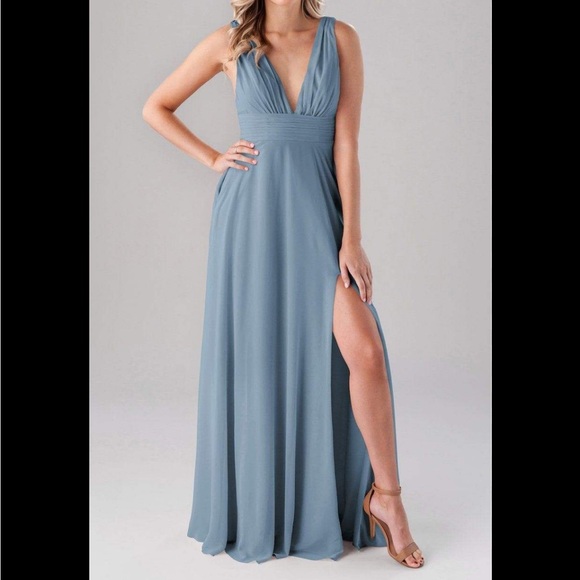 Kennedy Blue Dresses & Skirts - Kennedy Blue “Rose” bridesmaid long dress with slit, size 6 Dusty blue